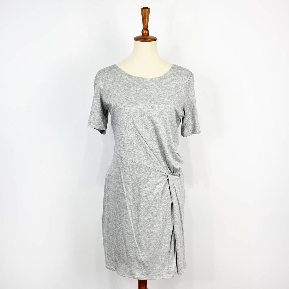 Joan Vass dress short sleeve grey jersey knit flattering ruched waist size small